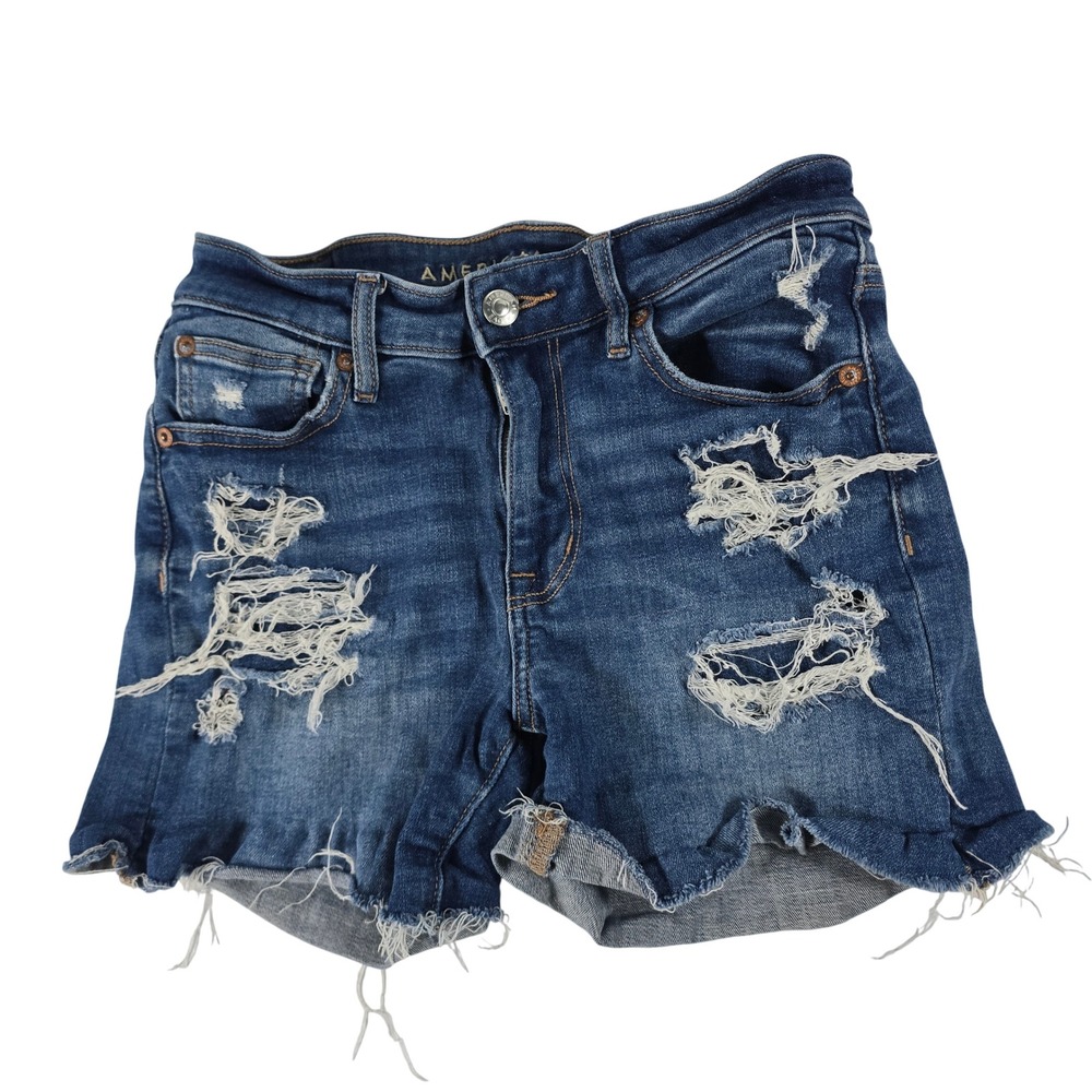 American Eagle High V-Rise Shortie Distressed Denim Shorts Blue Women‎ Size 2
